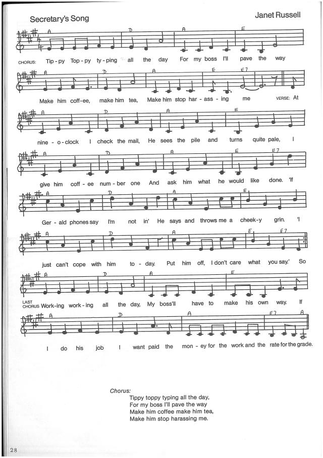 Sheet music and lyrics to the Secretary's Song. Chorus 'Tippy tippy typing all the day, for my boss I'll pave the way. Make him coffee, make him tea, make him stop harassing me.'