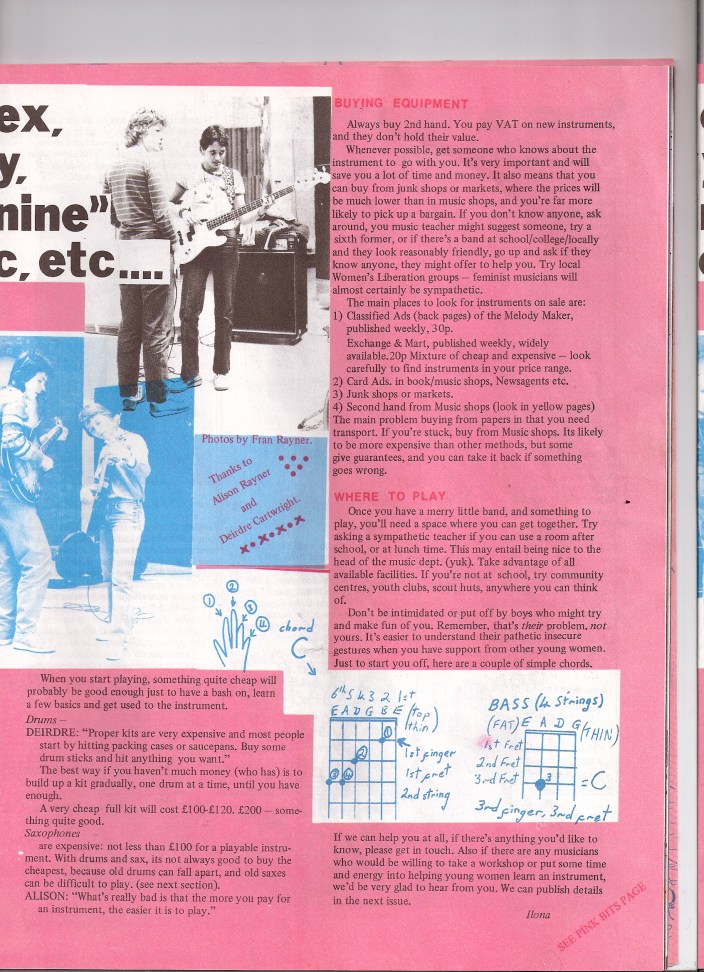 Shocking Pink page 2, includes chord bar diagram of common guitar chords, pictures of women learning to play guitar at workshops. 