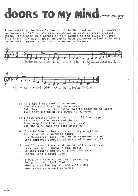 'Doors to My Mind,' a song written and performed by Frankie Armstrong in 1974 for the Women's Caucus of the US National Drug Treatment Conference. Sheet music and lyrics from the Sisters in Song songbook, describing a series of oppressive events in a woman's life leading to drug use.