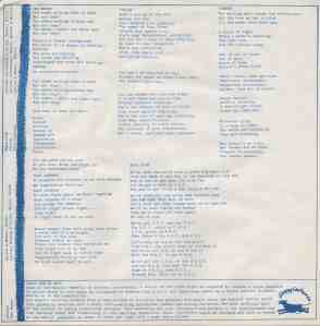 White background, blue type. Song lyrics for the songs on 'Siren Plays.' Includes the Stroppy Cow logo bottom right corner.