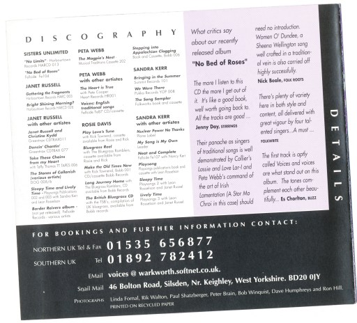 A list of recordings made by the group and the individual four women of Sisters Unlimited, some commendations and contact info.