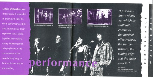 Purple, black and white glossy leaflet. Photos of the group singing and playing, advertising their availability for gigs.