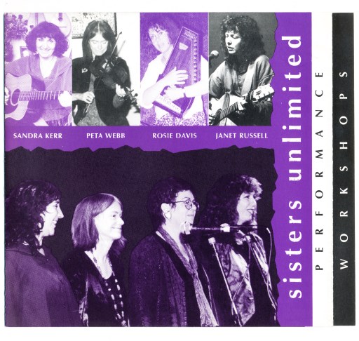 A glossy, bright leaflet in purple, black and white, with the names and photos of the women in Sisters Unlimited playing their instruments and singing.