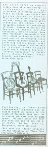 A short column illustrated with a drawing of instruments - banjo, guitar, fiddle, accordian - propped up on four chairs, announcing that ' four women performers all strong and well-known in their own right are joining forces to present Sisters Unlimited. Music and dances which celebrate the lives, loves, struggles, hopes, wit and wisdom of women.'
