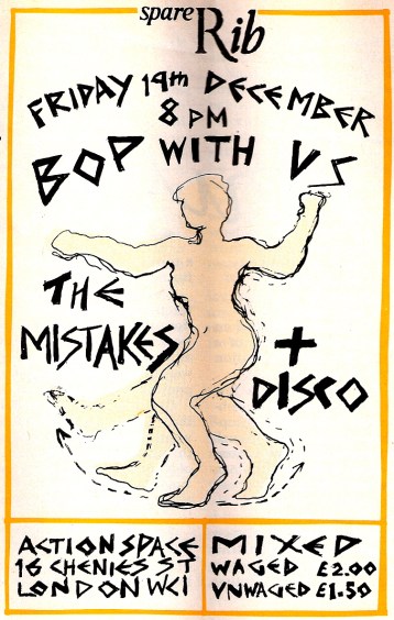 Flier for Spare Rib gig with The Mistakes + Disco. Hand drawn image of woman dancing, black writing on white background.