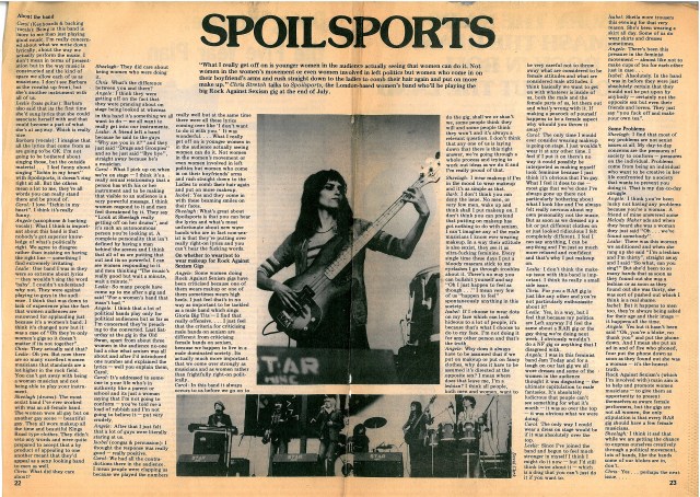 Faded news clipping of an article headed 'The Spoilsports. Chris Stretch talks to the Spoilsports, London based women's band who'll be playing the big Rock Against Sexism gig in July.' Photos of performances by the bass player and the whole line up accompanying.