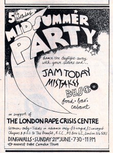 Midsummer Party flier, black and white, hand drawn, feat. The Mistakes, Jam Today, Disco. Fundraiser for the London Rape Crisis Centre