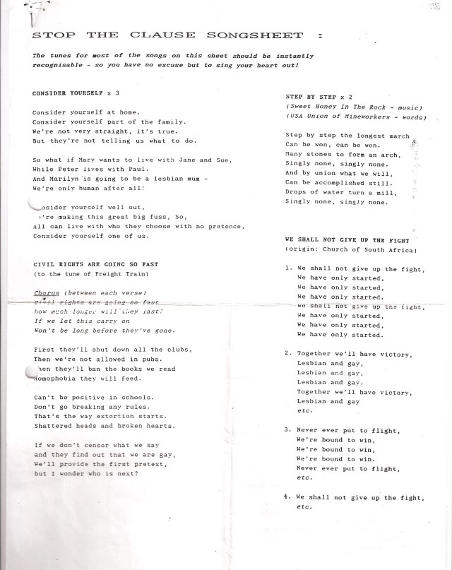The songsheet contains lyrics to the tunes of 'Consider Yourself', 'Freight Train' ('Civil rights are going so fast'), 'Step by Step' ('Step by step the longest march can be won, can be won.' Words by Sweet Honey in the Rock, tune by the USA's Union of Mineworkers, and 'We Shall Not Give Up the Fight.'