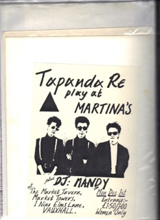 Poster for Martyina's club at VauxhallTavern, South London. Three women dressed in black and white, women only gig, £1.50/1.00. Also illustrated with a black triangle.