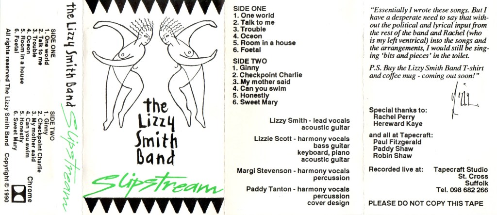 Cassette cover for twelve track tape featuring hand-drawn naked women dancing and the title 'Slipstream' in bright green, band name, track names and members list in black on white.