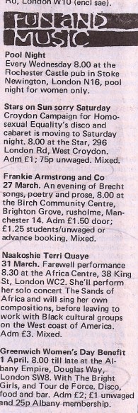 An ad for Terri Quaye's farewell gig at Africa Centre, March 31st 1982. Solo concert: 'The Sounds of Africa