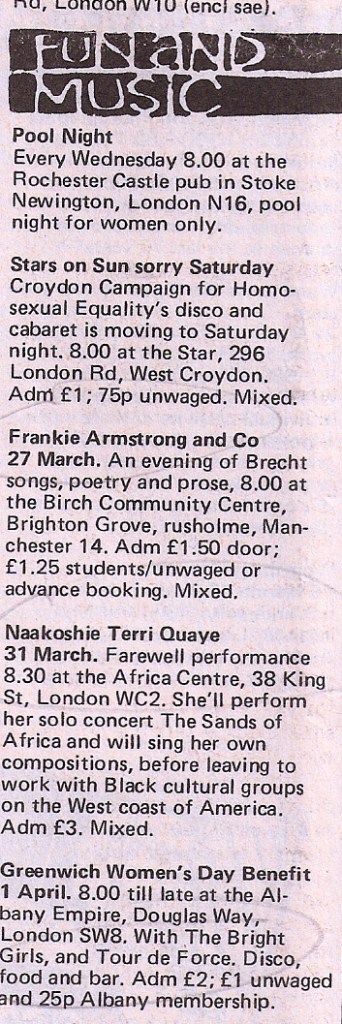 An ad for Terri Quaye's farewell gig at Africa Centre, March 31st 1982. Solo concert: 'The Sounds of Africa" before leaving to work in USA with Black cultural groups.