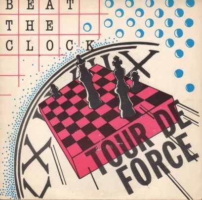 White background with a chess board in the centre of image. A clock face looms behind the board. A number of blue circles occupy the top right half of the image. 
