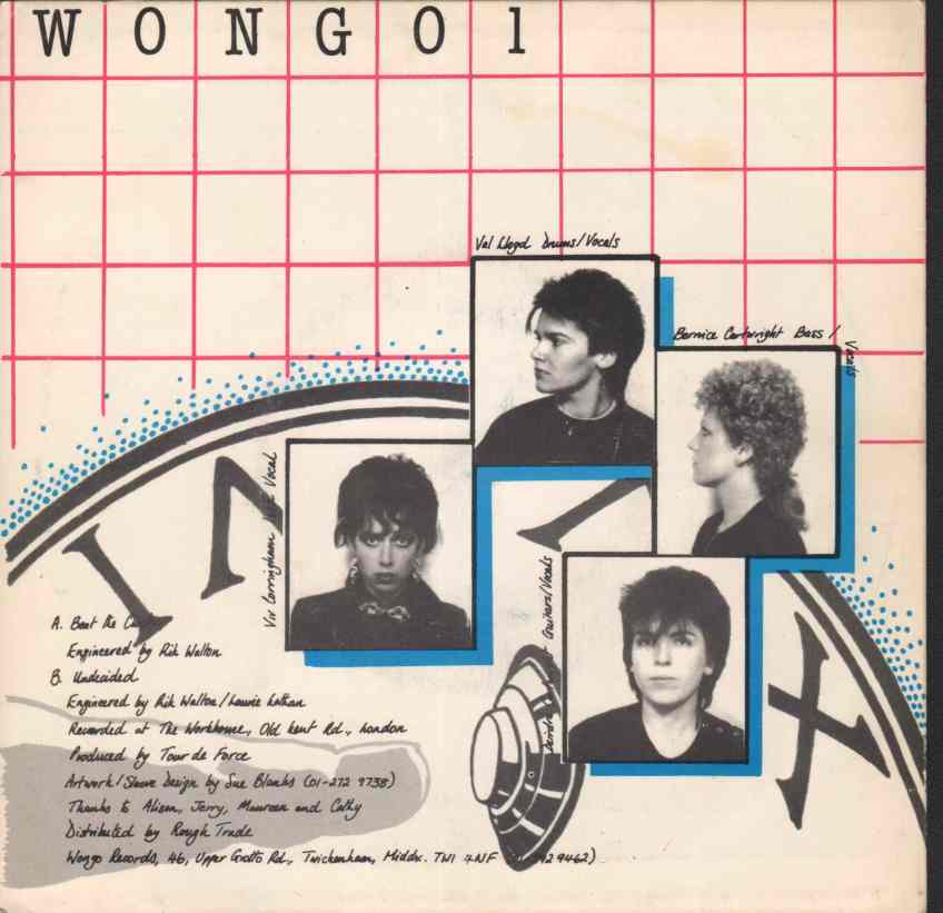 Four passport size photos of the band, super imposed over a clock face. Track info: 'Beat the Clock', 'Undecided', recorded at the Workhouse, produced by Tour de Force, distributed by Rough Trade.