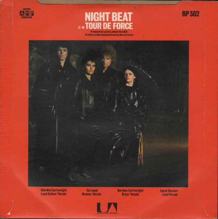 Colour photo of the band dressed in black leather. Framed by a red background. All titles written by Tour de Force, AMP productions.