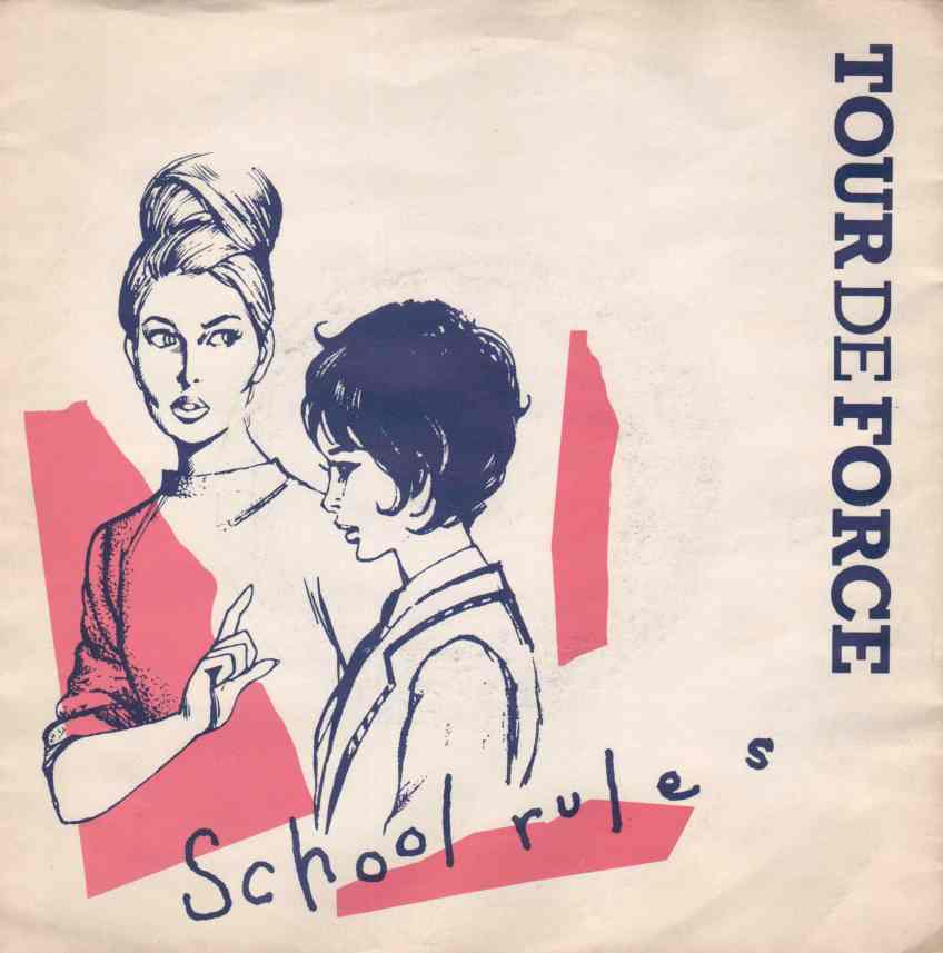 White background, blue line drawing of two girls. One is wagging her finger authoritatively at the other. Drawing includes blocks of pink colour that frame the image.