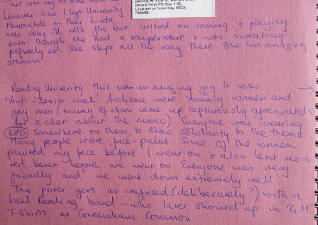 Excerpt from Mavis Bayton's tour diary, handwritten on pink paper, detailing a gig in reading