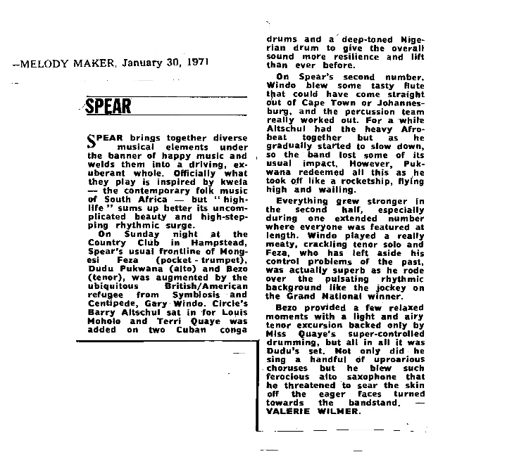 Review of the group 'Spear' praising Terri Quaye's drumming.