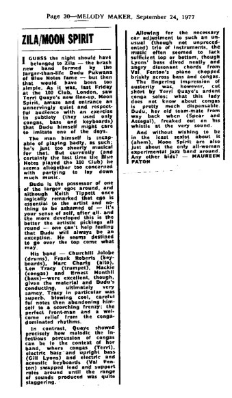 Review of Moonspirit performance at London's 100 Club, 1977. Terri Quaye on congas, Gill Lyons on bass, Val Fenton on keyboards: 'the range of sounds was quite staggering.' 'Just about the only all-women experimental jazz band around.'