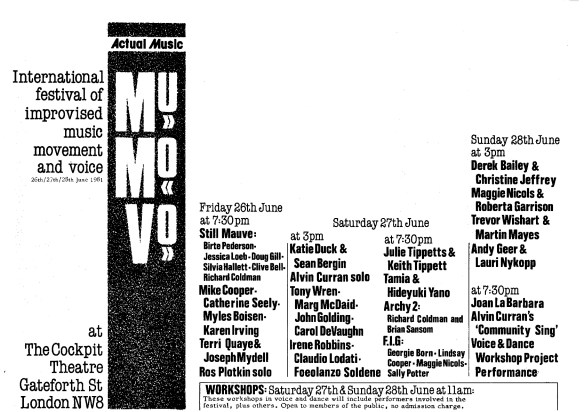 Advertising the International Festival of Improvised Music, Movement and Voice held in 1981 at the Cockpit Theater, north London, featuring many artists including Terri Quaye.
