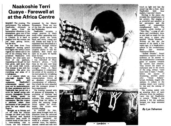 Caribbean Times review of Terri Quaye's 1982 farewell concert at the Africa Center, by Lyn Yelverton, praises Terri's performance of drumming as 'magic' with hugely affectionate audience reception. Accompanying photo shows Terri playing talking drum, held under one arm, and congas are also on stage.
