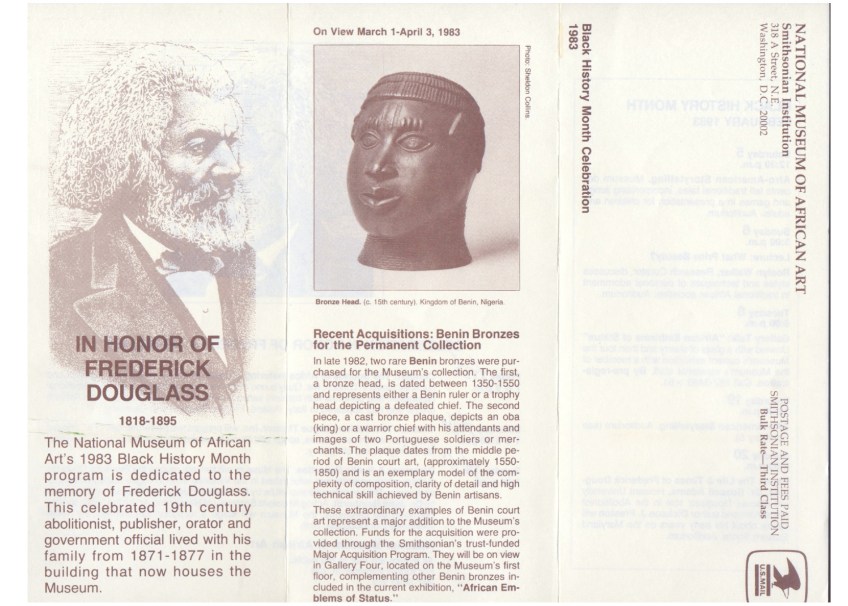 Flyer for Black History Month celebration at National Museum of African Art, Washington DC, USA, 1983. Dedicated to the memory of Frederick Douglas, 1818 - 1895, who lived in the building now housing the museum.