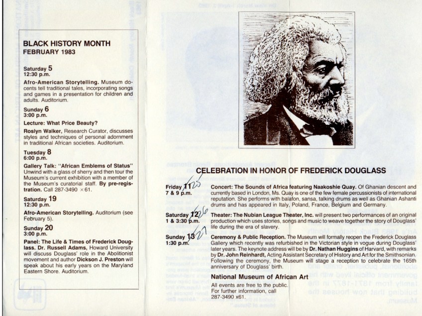 Flyer for Black History Month celebration at National Museum of African Art, Washington DC, USA, 1983. List of events says 'Naakoshie Quaye 'of Ghanian descent ... one of few female percussionists of international reputation.'