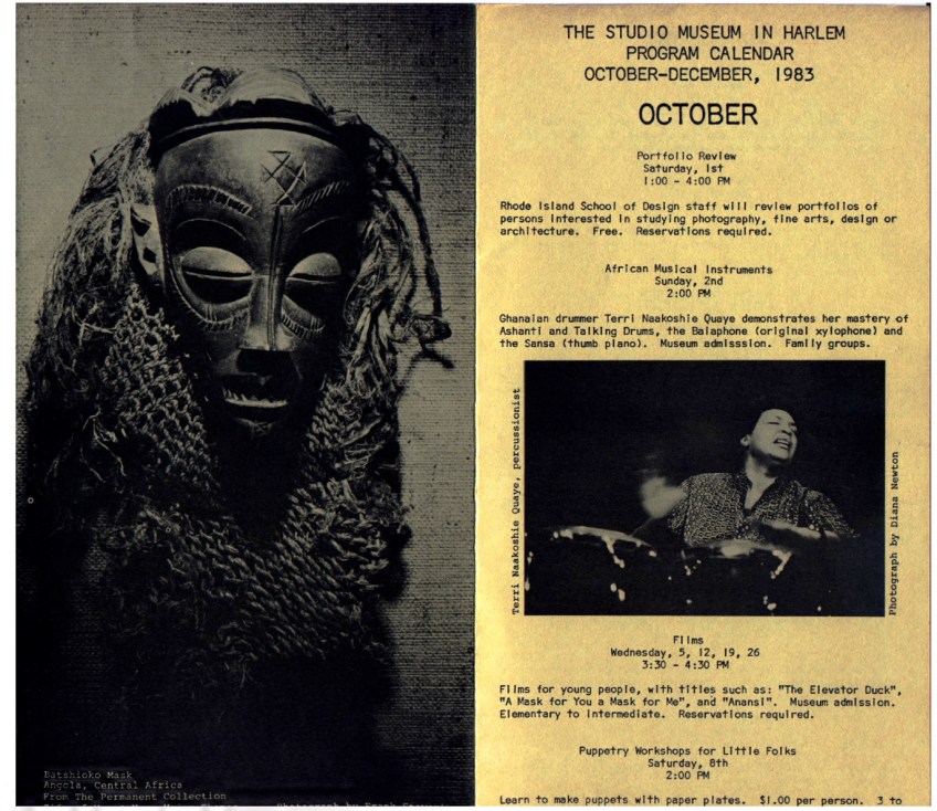 Programme for the Studio Museum in Harlem illustrated with photos of a acrved mask for Central Africa and Terri Quaye playing congas drums. Details 'Ghanaian drummer Terri Naakoshie Quaye demonstrates mastery of Ashanati and talking drums, the balaphon (original xylophone) and the sensa (thumb piano.)'