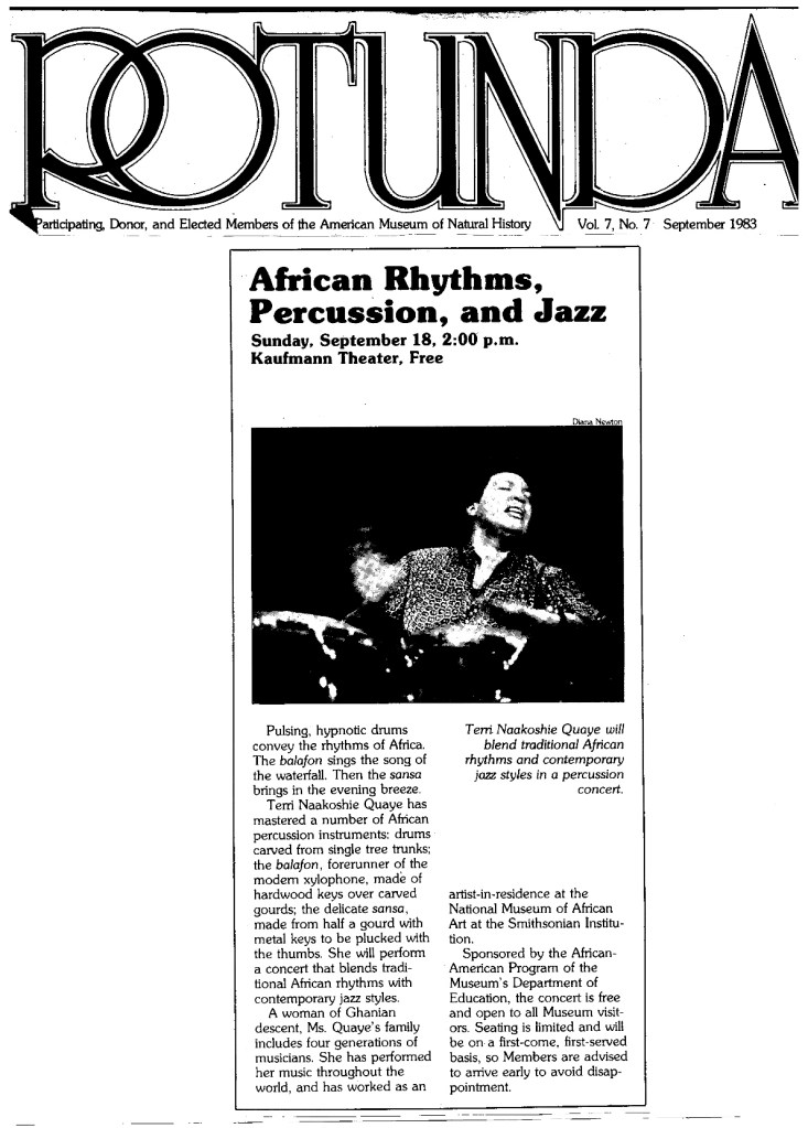 Review for 'Sounds of Africa' concert: photo of Terri Quaye on congas. ' Terri Naakoshie Quaye will blend traditional African rhythms and contemporary jazz styles.'