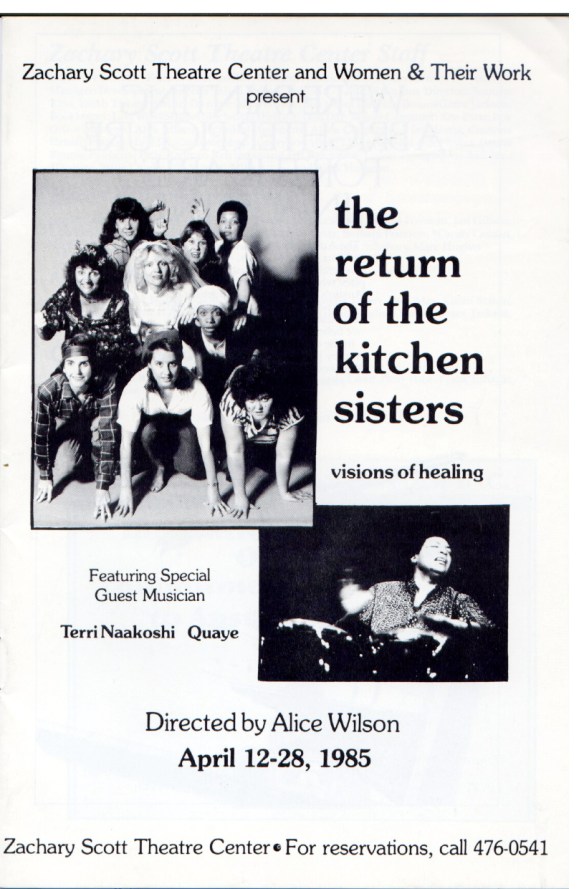 Program for The Return of The Kitchen Sisters: Visions of Healing, Texas, USA, 1985, shows nine cast members posing inc Terri Quaye, special guest musician.
