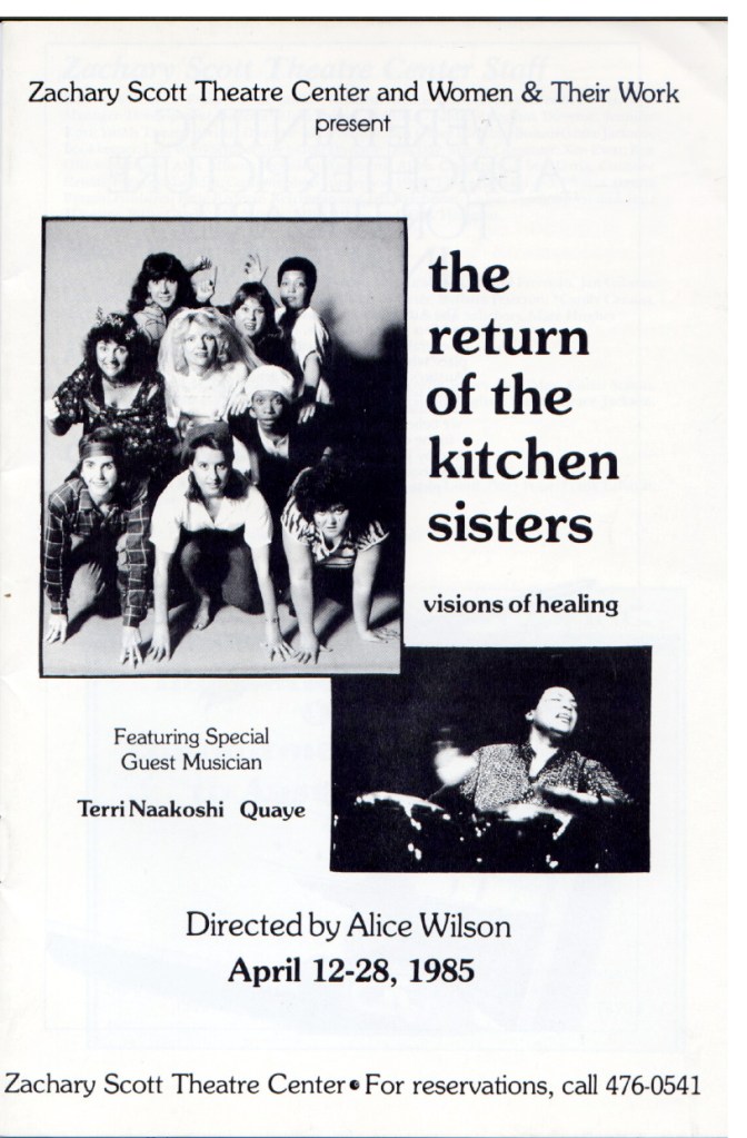 Program for The Return of The Kitchen Sisters: Visions of Healing, Texas, USA, 1985, shows nine cast members posing inc Terri Quaye, special guest musician.