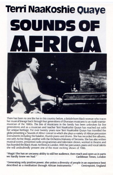 Advertising Terri Quaye's 1986 tour of New Zealand, with a photo of Terri playing piano and singing.