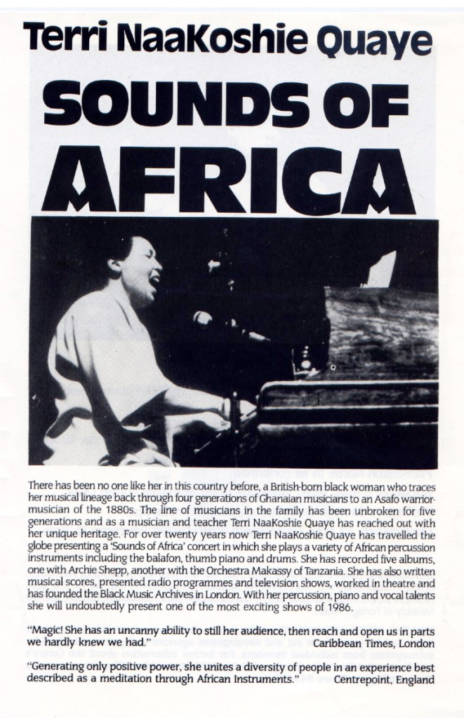 Advertising Terri Quaye's 1986 tour of New Zealand, with a photo of Terri playing piano and singing.