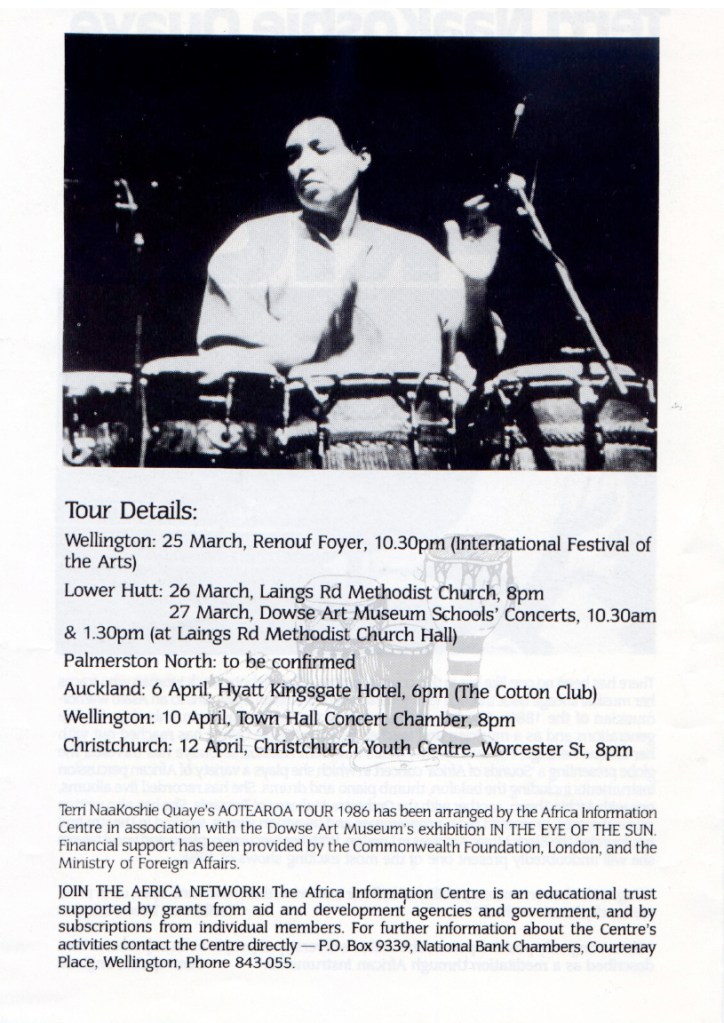 Dates and venues of Terri Quaye's 1986 tour of New Zealand, with a photo of Terri playing conga drums.