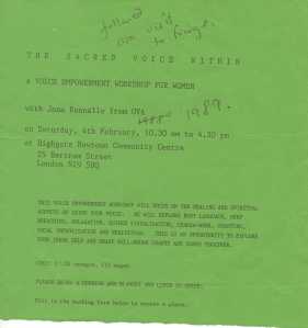 voice empowerment flier The Sacred Voice Within, Voice Empowerment with Jana flier. Green Paper, typed.