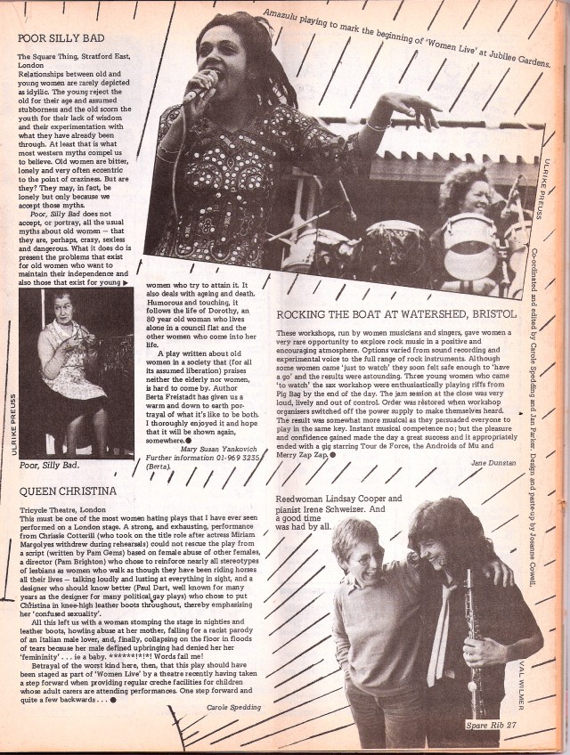 Women's Live fest review, page 2, pictures of Amazulu performing outdoors in Jubilee Gardens, London's South Bank next to the GLC HQ, and Irene Schweizer and Lindsay Cooper. Description of very successful music workshops at Bristol's Watershed.