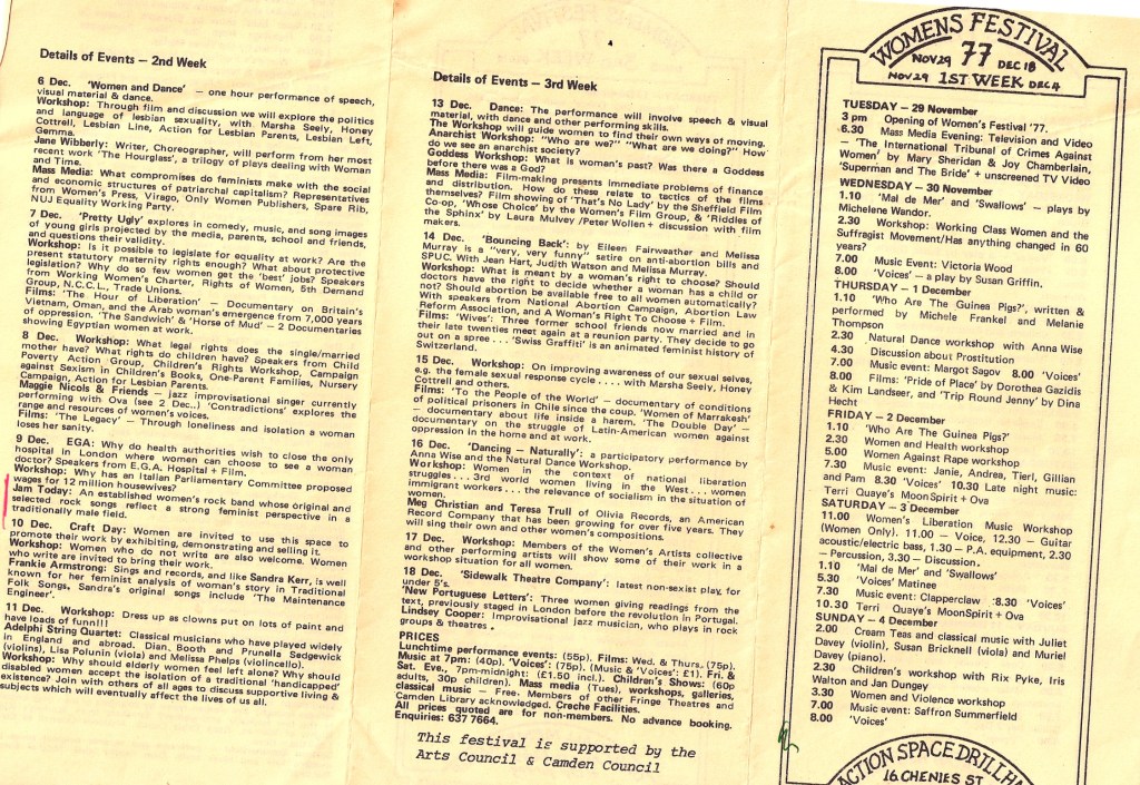 'Women's Festival November and December 77' at London's Drill Hall aka Action Space. Events listings, as in Jam Today gig list.