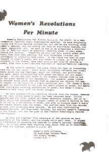 Black and white text flier detailing the philosophy behind the Women's Revolutions Per Minute non-commercial distribution service for feminist music, describes importing records from America, and beginning to distribute records from the UK