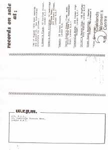 Back of flier which lists all the places you could go to buy women's music, including Terry Quaye's disco (1978)