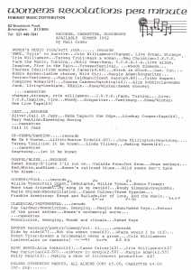 Stocklist for the WRPM, divided into genres, including 'Women's Folk/ Soft Rock; Jazz;  Up Tempo/ Dancing; Gospel/ Blues; Country/ Folk; Classical/ Instrumental; Spoken word/ poetry, herstory; songbooks.