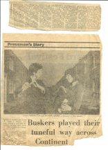 Newspaper clipping that features the YSB with headline 'Buskers play their tuneful way across the continent.' A faded photo of flute and accordian players.