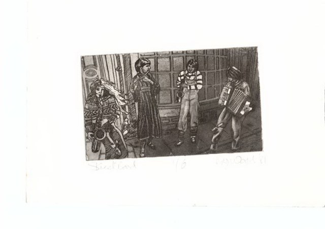 Black and white pencil drawing of the York Street Band playing on the street, saxophonists, flute and accordian.
