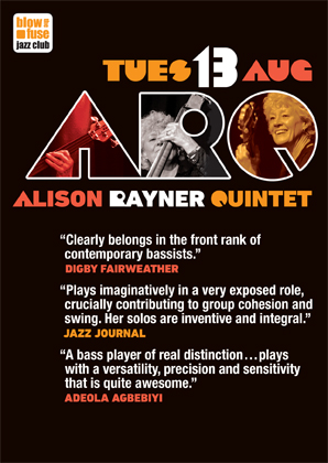 Flyer for ARQ gig, information as above, but with ARQ logo showing photos of Ailson playing double bass and bass guitar