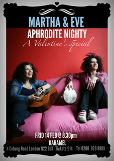 Poster for Martha and Eve's Valentine event February 2014 shows them seated on lush sofas with guitar smiling. Info on gig as above.