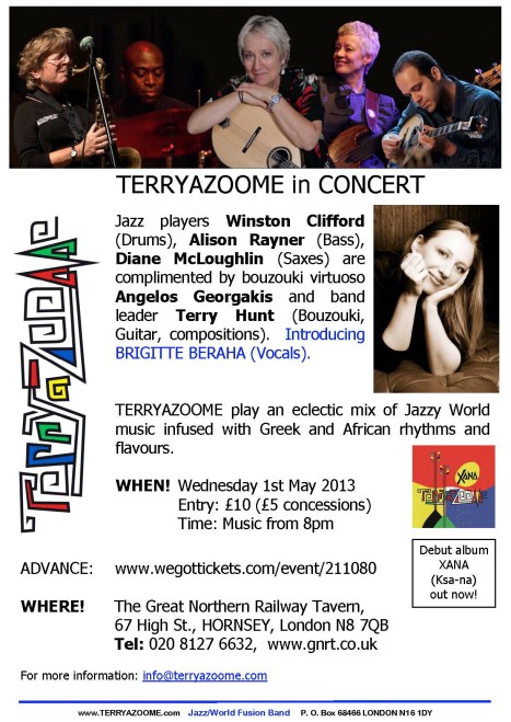 A bright poster for Terryazoome concert May 1st 2013with info (as below) illustrated with Greek-style lettering and photos of the musicians