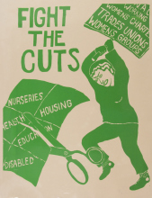 A drawing of a woman bashing scissors cutting childcare, disability benefits, housing, with a large placard. Looking angry and strong.