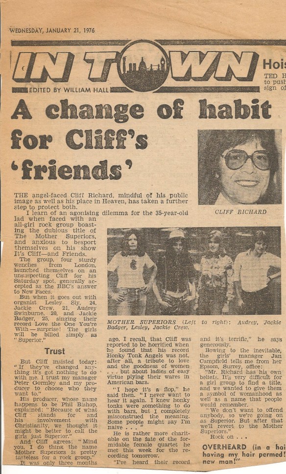 A newspaper article from 1976 describing how Cliff Richard found the band's name offensive and they were asked to go on TV billed as "superior".